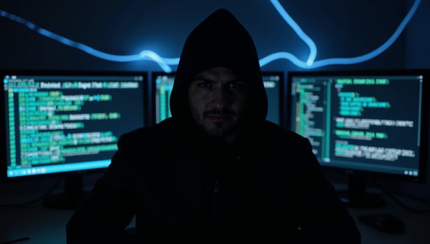Anonymous hacker embodied as mysterious figure amidst dark web themes on ominous digital backdrop eliciting feelings of intrigue and warning photo