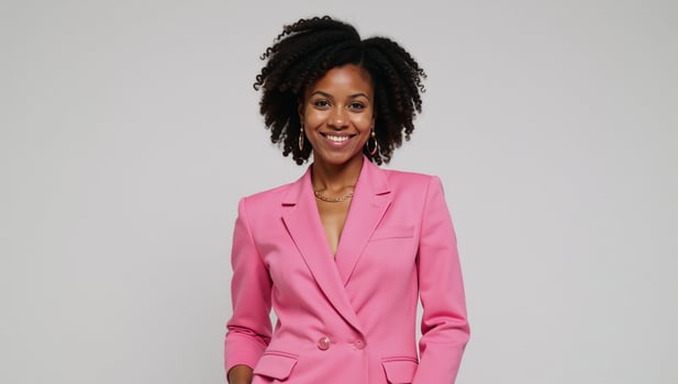 A young African American woman in a pink outfit with gold jewelry and an Afro hairdo smiles as she casually poses with her hands in her pockets photo