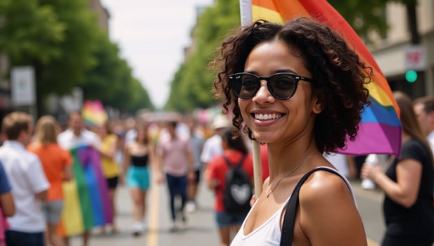 Smiling AfricanAmerican girl with curly hair and sunglasses depicted at an LGBT pride parade holding a colorful LGBT flag photo