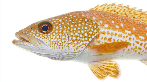 Tilefish showcases its vibrant colors and unique skin patterns against a stark white background highlighting its distinct features and marine characteristics. photo