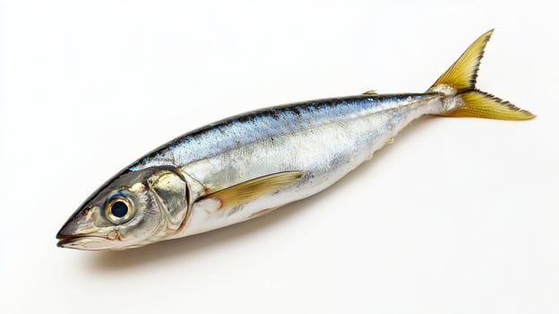 Sardinella a small fish known for its streamlined body and vibrant colors is prominently displayed on a clean white background highlighting its natural beauty. photo