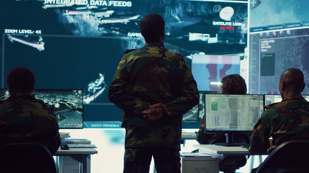 Military unit leader conducts reconnaissance operation to gather data and support troops in the field. Uses command center gear to provide crucial information, federal satellite radar. Camera A. photo