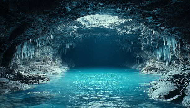 Deep underground cave, water flowing, majestic rock landscape generated by AI photo