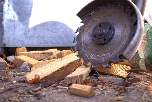 Circular saw blade slices through logs, scattering wood shavings and debris around a rustic workshop photo