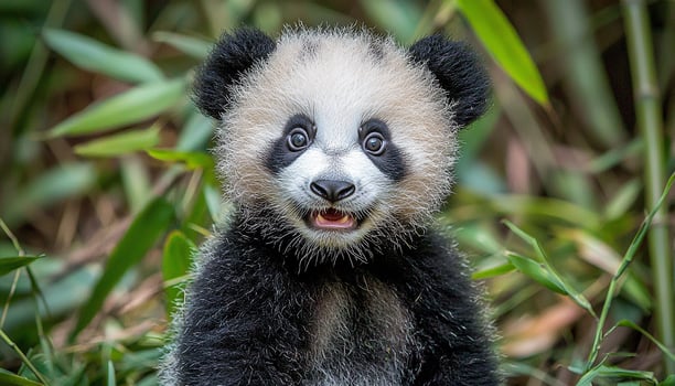 Cute panda in tropical forest looking at camera generated by AI photo