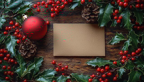 Winter celebration, holly decoration on rustic wood table generated by AI photo