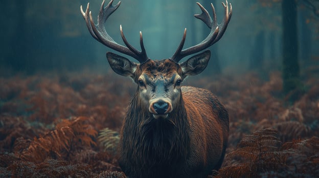 Majestic red deer stag standing in autumn fern looking at camera photo