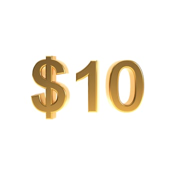 Golden ten dollars sign, gold 10 dollar symbol isolated on white background, 3d rendering. photo