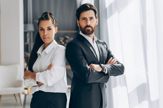Portrait of serious, pensive businesspeople wearing stylish formal wear, fashion model posing photo