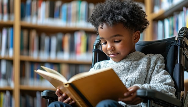 Young boy in a wheelchair enjoys reading a book in the library. Concept of inclusion, education, and literacy. photo