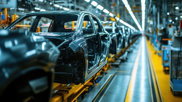 Modern Car Production Line, Vehicle Bodies in Assembly Plant. Concept of Automotive Industry, Manufacturing, Technology photo