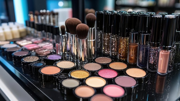 Makeup products and brushes on display. Concept of beauty, cosmetics, and fashion. photo