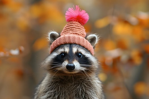 Adorable Raccoon in Pink Knit Hat Amidst Autumn Foliage Perfect for Seasonal Themes and Cards photo