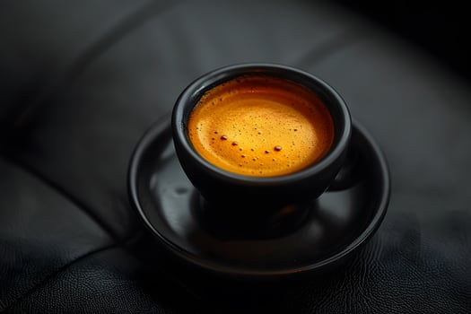 Rich Espresso Coffee in Black Cup on Leather Surface Perfect for Cafe s and Beverage Design photo