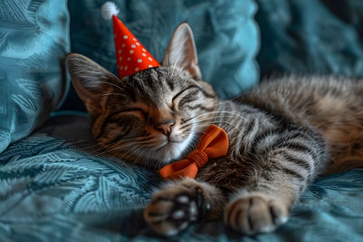 Cute Kitten Celebrating Birthday with Party Hat and Bow Tie on Blue Fabric photo