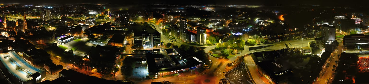 Aerial View of Illuminated Historical Central Coventry City Centre Downtown of England United Kingdom. Night view Captured on After Midnight with Drone's Camera on October 23rd, 2024 photo