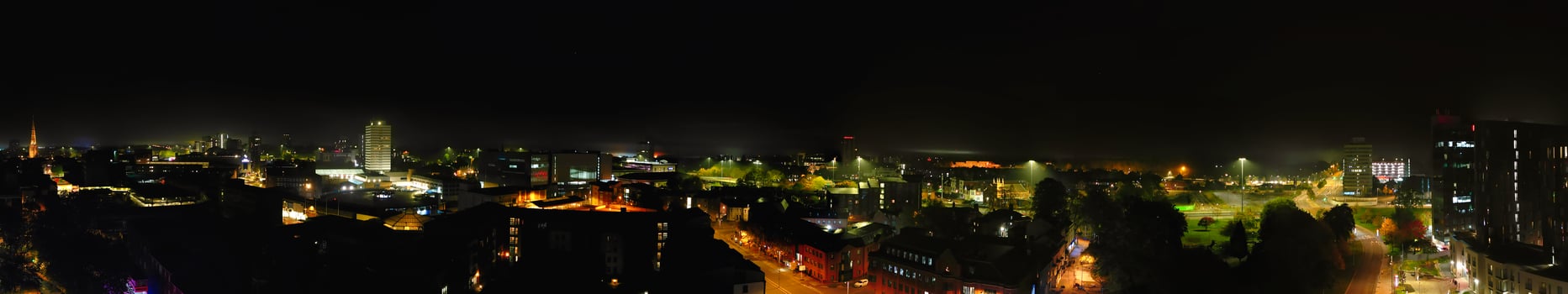 Aerial View of Illuminated Historical Central Coventry City Centre Downtown of England United Kingdom. Night view Captured on After Midnight with Drone's Camera on October 23rd, 2024 photo