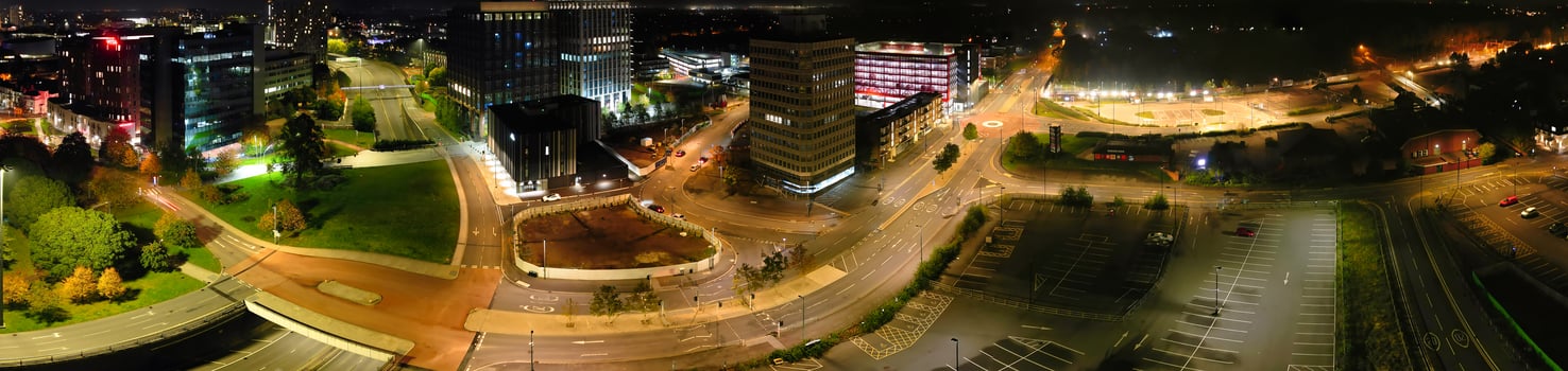 Aerial View of Illuminated Historical Central Coventry City Centre Downtown of England United Kingdom. Night view Captured on After Midnight with Drone's Camera on October 23rd, 2024 photo