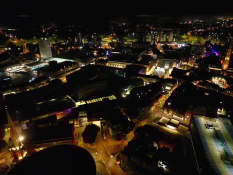 Aerial View of Illuminated Historical Central Coventry City Centre Downtown of England United Kingdom. Night view Captured on After Midnight with Drone's Camera on October 23rd, 2024 photo