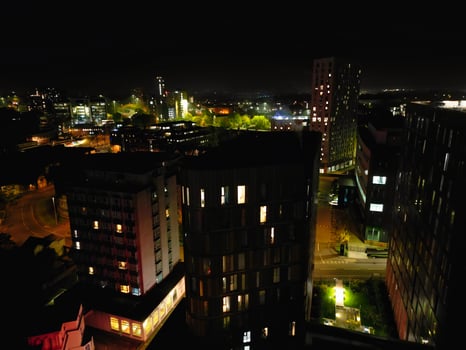 High Angle View of Illuminated Historical Central Coventry City Centre Downtown of England United Kingdom. Aerial footage Was Captured on After Midnight with Drone's Camera on October 23rd, 2024 photo