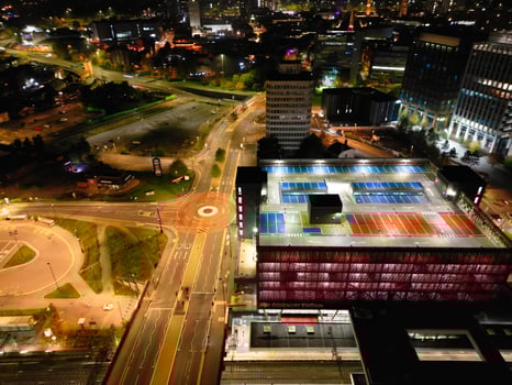 High Angle View of Illuminated Historical Central Coventry City Centre Downtown of England United Kingdom. Aerial footage Was Captured on After Midnight with Drone's Camera on October 23rd, 2024 photo