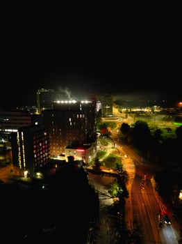 High Angle View of Illuminated Historical Central Coventry City Centre Downtown of England United Kingdom. Aerial footage Was Captured on After Midnight with Drone's Camera on October 23rd, 2024 photo