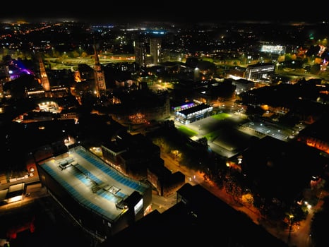 High Angle View of Illuminated Historical Central Coventry City Centre Downtown of England United Kingdom. Aerial footage Was Captured on After Midnight with Drone's Camera on October 23rd, 2024 photo