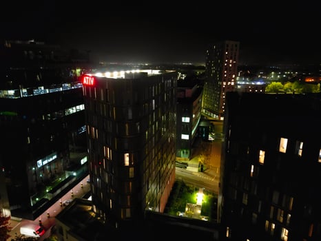 High Angle View of Illuminated Historical Central Coventry City Centre Downtown of England United Kingdom. Aerial footage Was Captured on After Midnight with Drone's Camera on October 23rd, 2024 photo