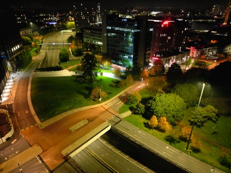 High Angle View of Illuminated Historical Central Coventry City Centre Downtown of England United Kingdom. Aerial footage Was Captured on After Midnight with Drone's Camera on October 23rd, 2024 photo