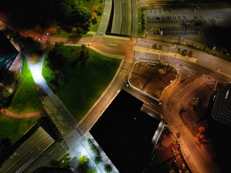 High Angle View of Illuminated Historical Central Coventry City Centre Downtown of England United Kingdom. Aerial footage Was Captured on After Midnight with Drone's Camera on October 23rd, 2024 photo