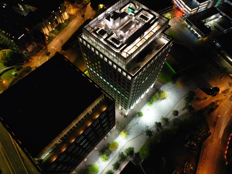 High Angle View of Illuminated Historical Central Coventry City Centre Downtown of England United Kingdom. Aerial footage Was Captured on After Midnight with Drone's Camera on October 23rd, 2024 photo