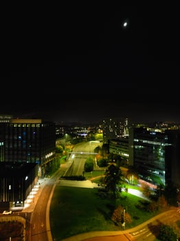 High Angle View of Illuminated Historical Central Coventry City Centre Downtown of England United Kingdom. Aerial footage Was Captured on After Midnight with Drone's Camera on October 23rd, 2024 photo