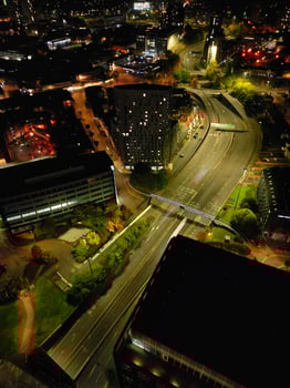 High Angle View of Illuminated Historical Central Coventry City Centre Downtown of England United Kingdom. Aerial footage Was Captured on After Midnight with Drone's Camera on October 23rd, 2024 photo