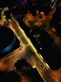 High Angle View of Illuminated Historical Central Coventry City Centre Downtown of England United Kingdom. Aerial footage Was Captured on After Midnight with Drone's Camera on October 23rd, 2024 photo