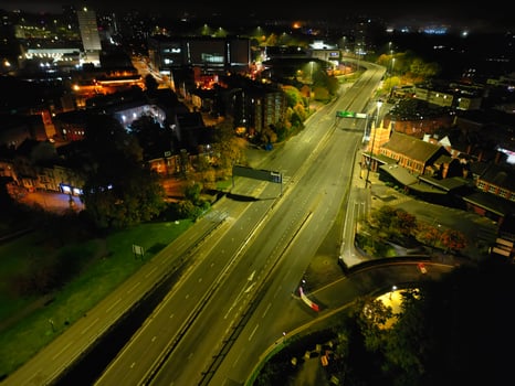 High Angle View of Illuminated Historical Central Coventry City Centre Downtown of England United Kingdom. Aerial footage Was Captured on After Midnight with Drone's Camera on October 23rd, 2024 photo