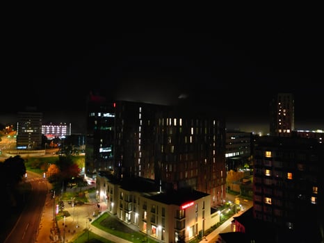 High Angle View of Illuminated Historical Central Coventry City Centre Downtown of England United Kingdom. Aerial footage Was Captured on After Midnight with Drone's Camera on October 23rd, 2024 photo