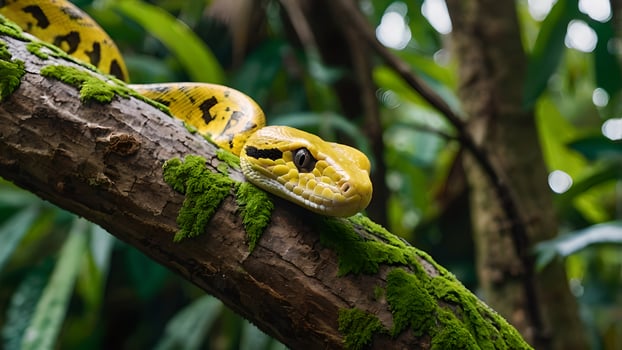 Yellow Tree Python Snake Resting On A Moss Covered Branch In The Rainforest photo