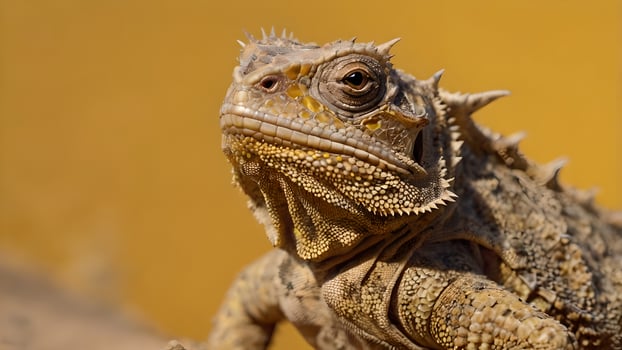 Horned Lizard Close Up Against Yellow Background photo