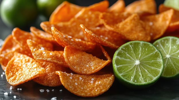 A vibrant assortment of crispy snacks with zesty lime slices adds delightful flavor photo