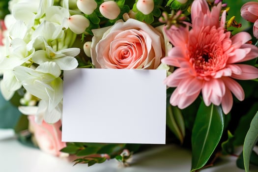 Fresh flowers bouquet and blank card for copy space photo