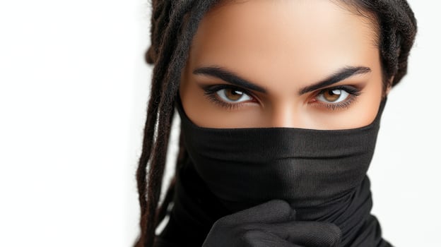 A mysterious woman gazes intensely, her face partially hidden by a black scarf photo