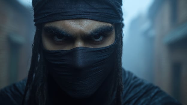 A stealthy character cloaked in darkness stalks through a foggy alleyway at dusk photo
