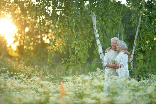 Beautiful elderly couple walking in the park photo