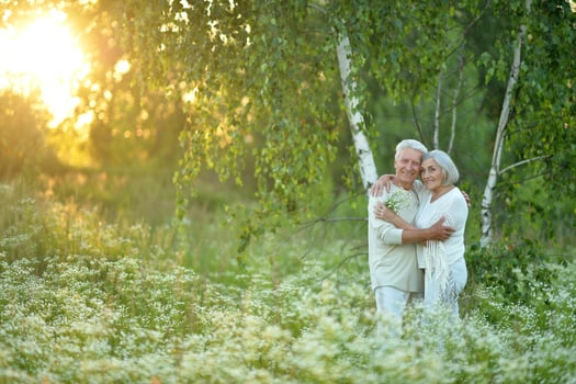 Beautiful elderly couple walking in the park photo
