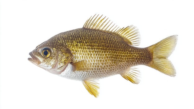 striking specimen of Common Bream displays its distinctive physical characteristics including its golden scales and rounded body against a crisp white background. photo