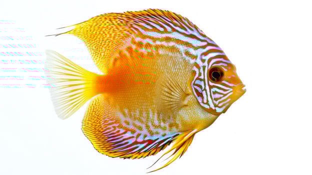 discus fish displays brilliant hues of orange and blue against a stark white backdrop highlighting its intricate patterns. Its a beautiful representation of aquatic life. photo