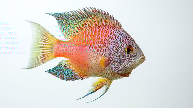 Flowerhorn Cichlid hybrid showcases its vivid colors and striking patterns while gliding through water creating a captivating aquatic moment. photo