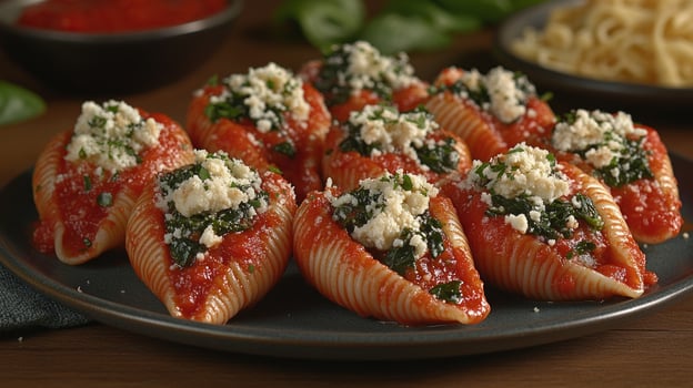 Savory pasta shells filled with cheese and spinach, topped with marinara sauce photo