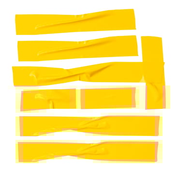 Top view set of wrinkled or crumpled yellow adhesive vinyl tape or cloth tape in stripes shape isolated on white background with clipping path photo