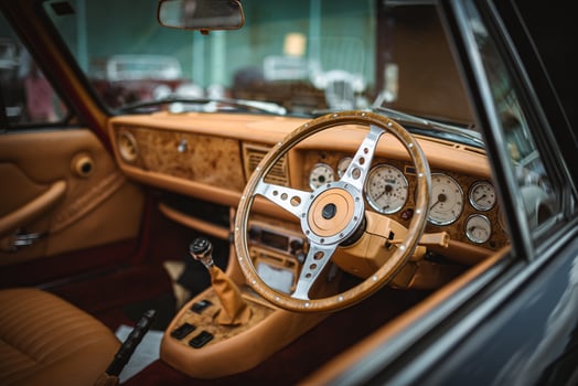 Interior of a luxury, classic car on a motor show. photo